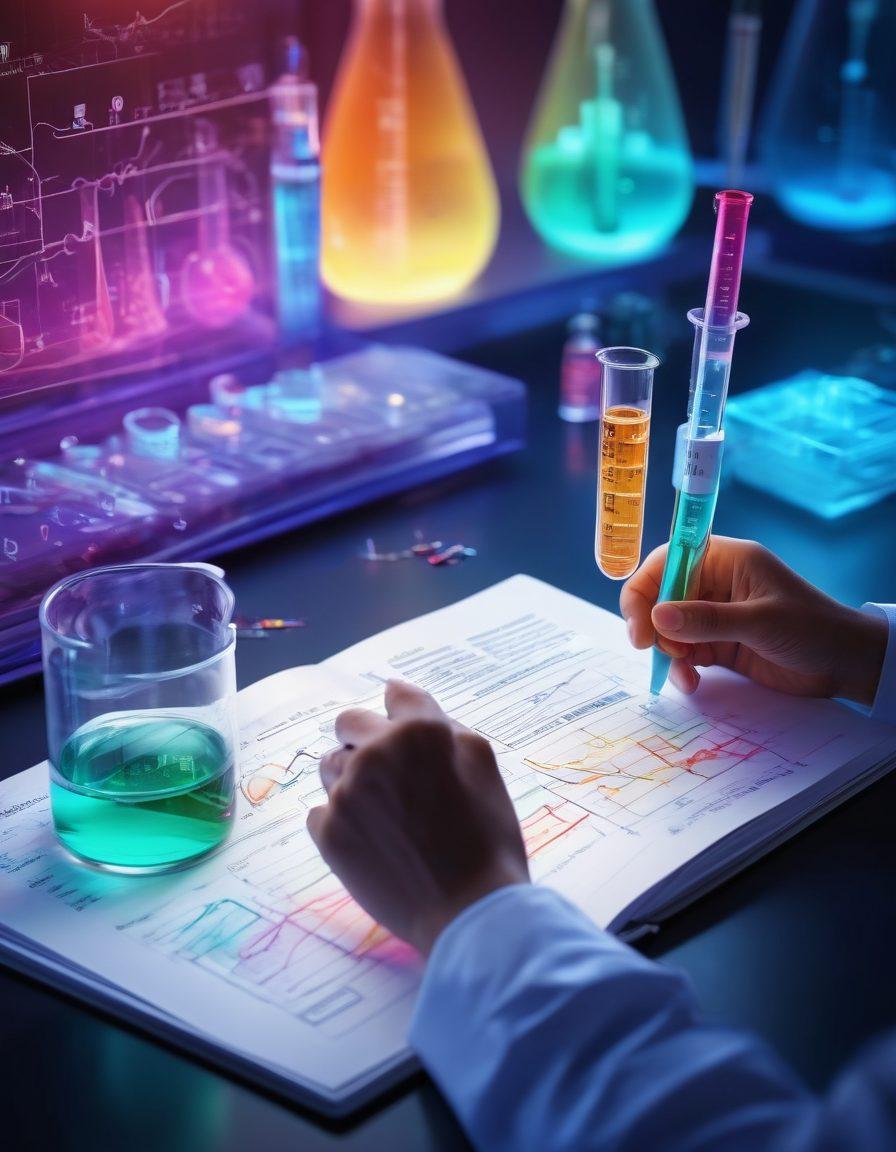 An open laboratory notebook surrounded by colorful vials and beakers, showcasing various diagnostic tests with glowing data graphs and health symbols emerging from the pages. A bright light illuminates the scene, symbolizing enlightenment in health knowledge. A pair of hands gently holding a test tube in the foreground, representing exploration in laboratory analysis. Digital interface elements subtly integrated into the background. vibrant colors. super-realistic.