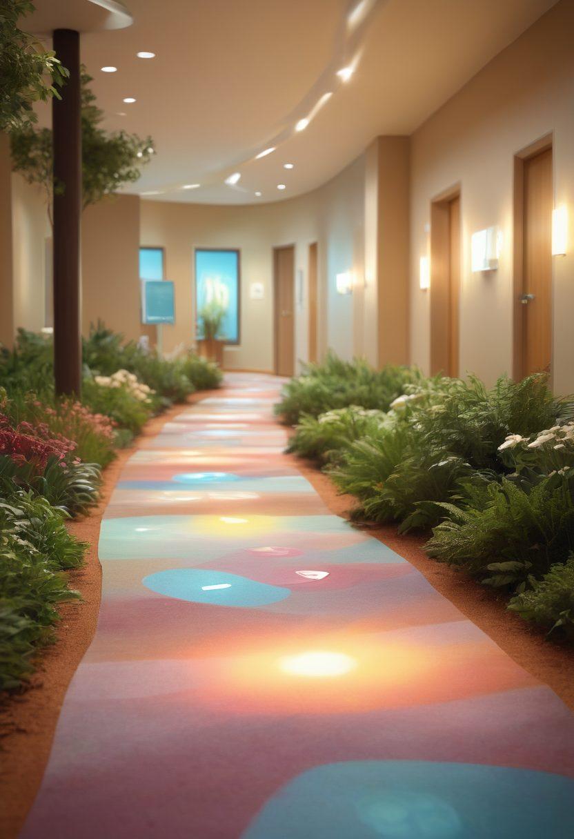 A serene, well-organized healthcare setting featuring a diverse group of individuals engaging in meaningful discussions about health assessments. Include visual elements like health charts, stethoscopes, and digital tablets displaying medical data. The environment should exude a sense of trust and professionalism, with soft lighting and comforting colors. Add symbols of empowerment, such as a glowing path leading to a health-related goal. super-realistic. vibrant colors. soft focus.